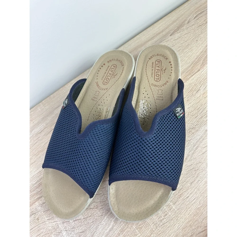 Fly Flot Women's EU40 Navy Mesh Clogs Anti-Shock Slip On Mules EUC Italy